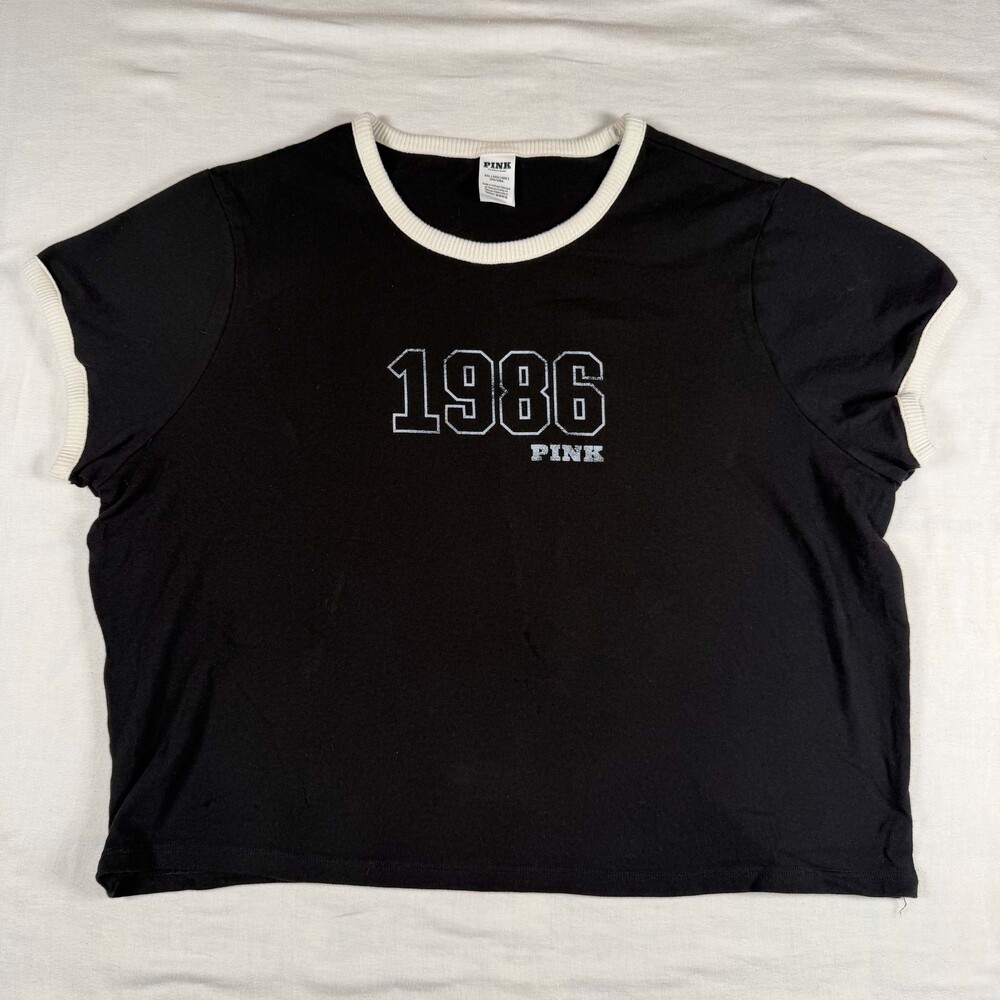 PINK Victoria's Secret Ringer Tee Womens XXL Black 1986 Varsity Graphic Crop Shi